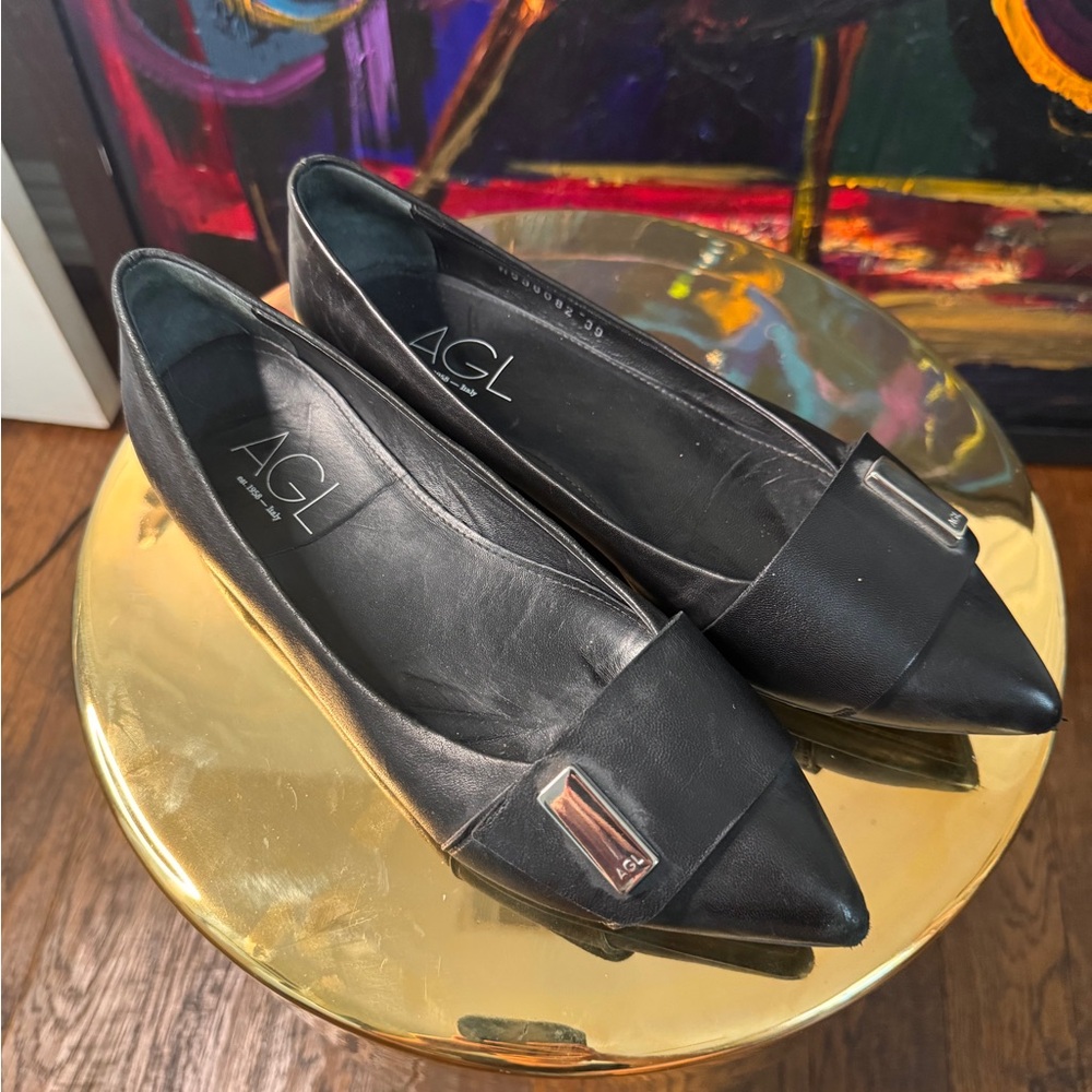 Agl Black Pointed Toe Leather Flats with Metal Accent